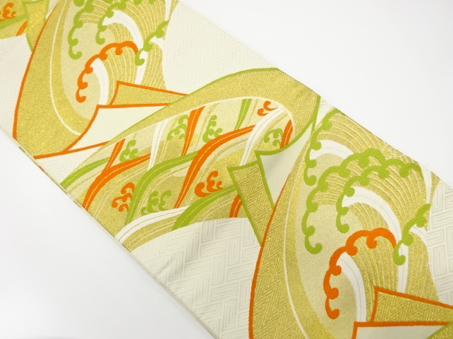 JAPANESE KIMONO / ANTIQUE FUKURO OBI / WOVEN WAVE & JIGAMI PATTERN